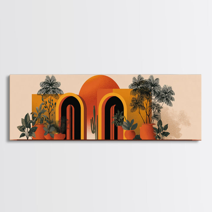 Potted Plants With Orange Sun And Rainbow Arched Doors Wall Art, Mid Century Modern Botanical Decor, MCM Desert Poster Print