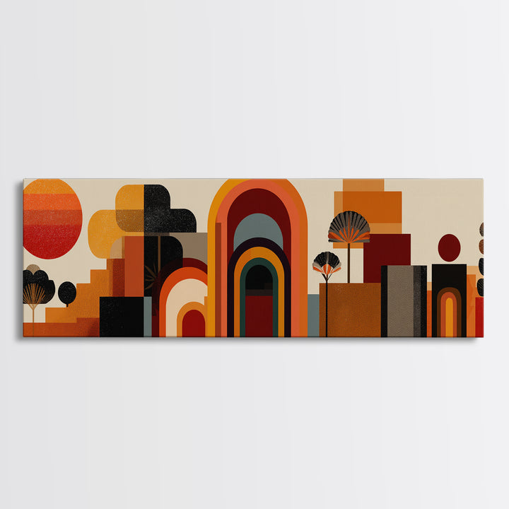 Abstract Desert Village With Arches, Sun, And Potted Plants Canvas Print, Mid Century Modern Wall Art, Geometric MCM Decor