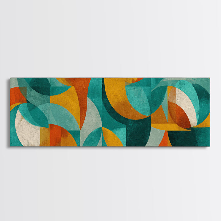 Teal Ochre Geometric Circles And Transparent Shapes Wall Art, Mid Century Modern Abstract Print, Bauhaus Colorblock Decor