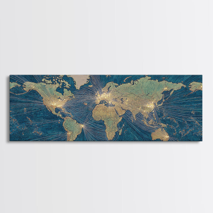 Blue Gold World Map Wall Art, Midcentury Modern Travel Poster, Geometric Global Lines Canvas Print, Office Wall Decor, Gift
