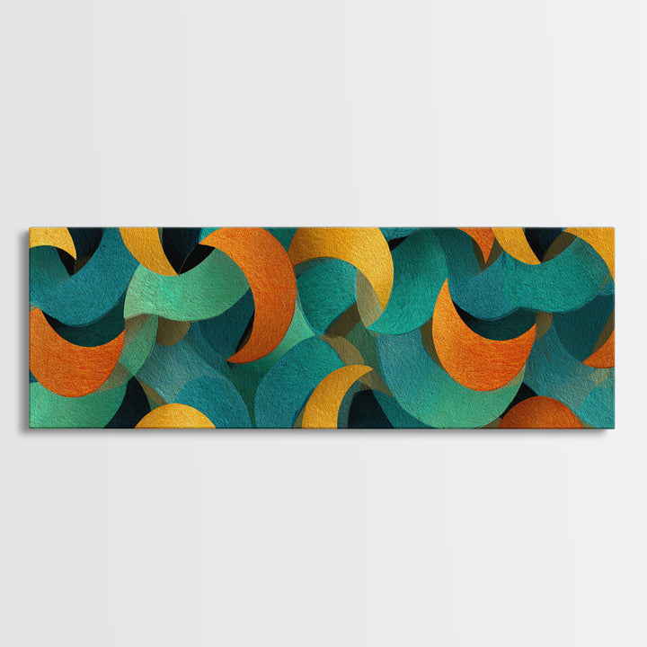 Layered Teal Orange And Gold Crescent Moon Shapes Canvas Print, Retro Mid Century Modern Wall Art, Abstract Pattern Decor