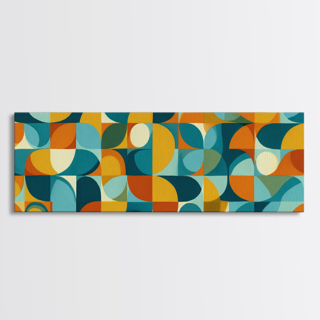 Teal Orange Aqua Rounded Geometric Shapes Canvas Print, Mid Century Modern Wall Art, Retro Bauhaus Poster, Living Room Decor