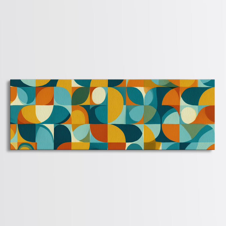 Teal Orange Aqua Rounded Geometric Shapes Canvas Print, Mid Century Modern Wall Art, Retro Bauhaus Poster, Living Room Decor