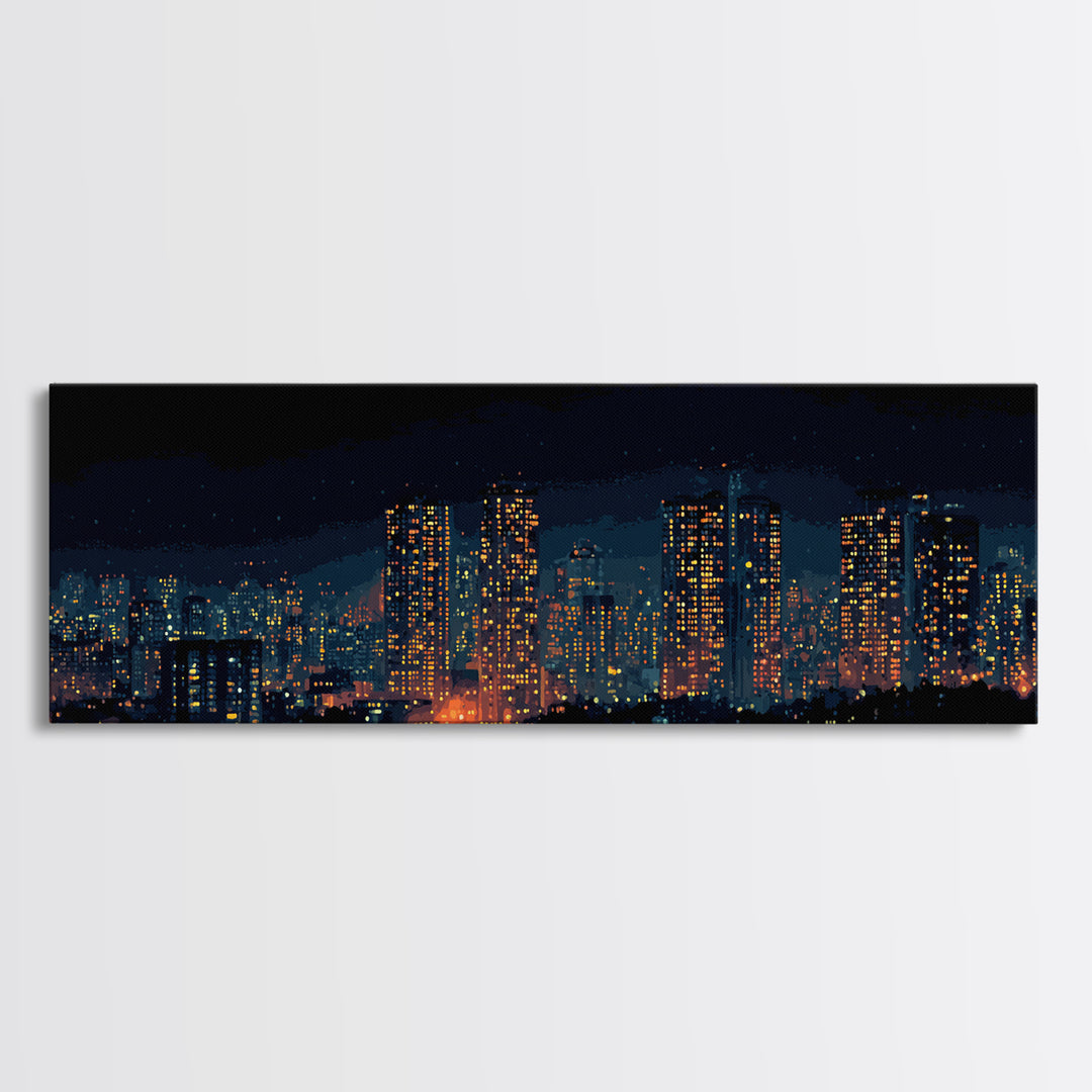 Glowing Night City Skyline Wall Art, Modern Urban Photography Print, Skyscraper Lights Poster, Apartment Living Room Decor