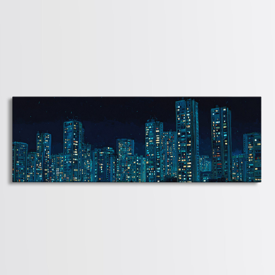 Blue Neon Night Skyline Canvas Print, Modern Cityscape Wall Art, Urban Skyscraper Poster, Contemporary Apartment Living Room Decor