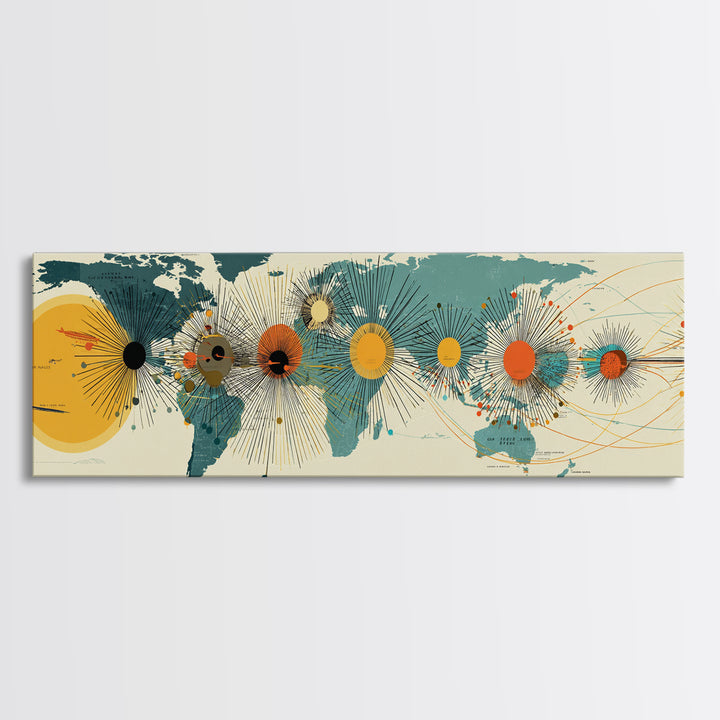 Solar System World Map Wall Art, Midcentury Modern Space Poster, Retro Planetary Lines Framed Canvas Print, Office Decor