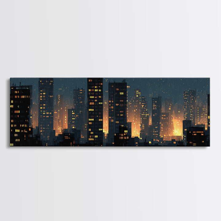 Rainy Night City Silhouette Wall Art, Moody Urban Skyline Print, Modern Skyscraper Lights Poster, Industrial Office Decor