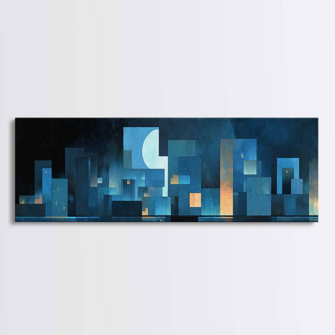 Blue Moon Geometric City Skyline Wall Art, Midcentury Modern Art Print, Abstract Urban Night Decor, MCM Living Room Poster