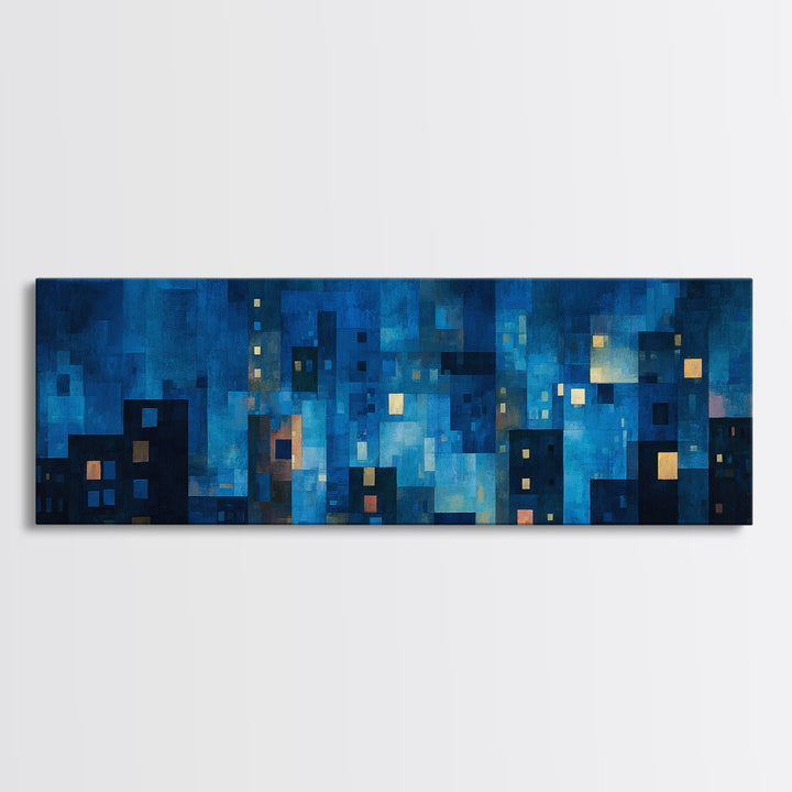 Blue Abstract City Lights Canvas Print, Modern Wall Art For Living Room, Urban Night Skyline Poster, Midcentury Home Decor