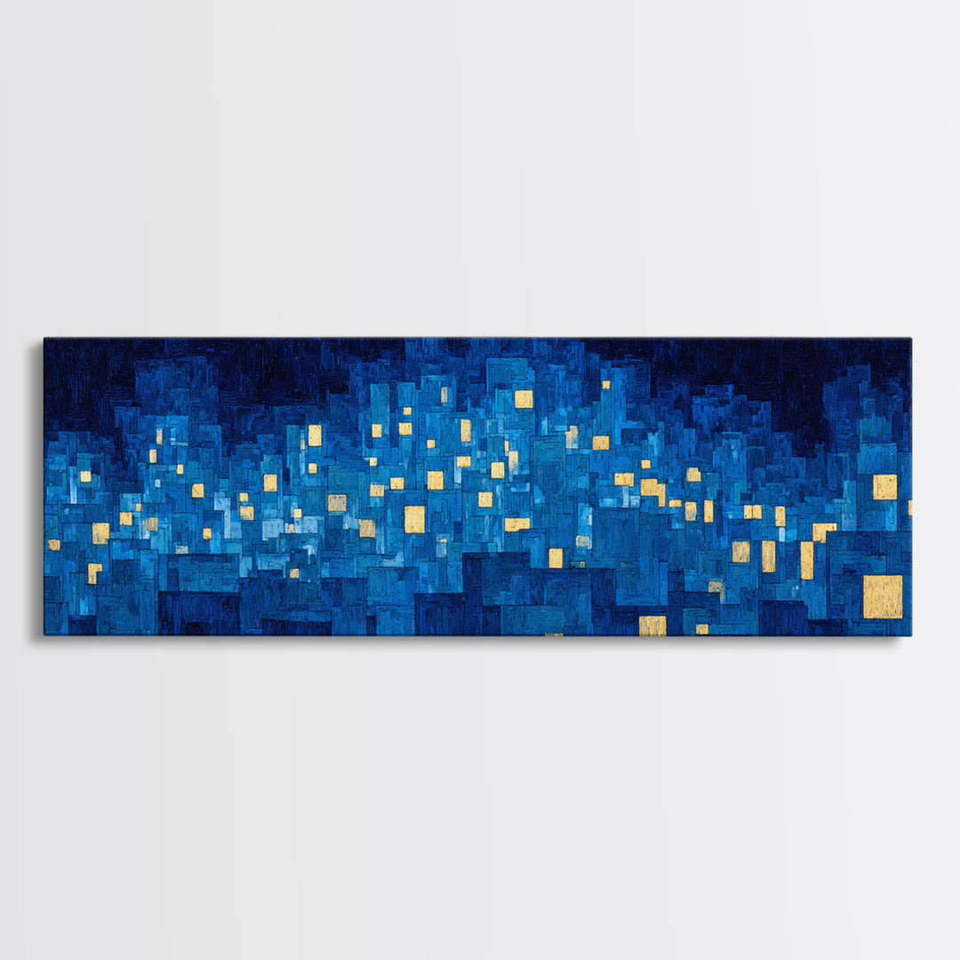 Mosaic Blue City Night Wall Art, Modern Abstract Art Print, Urban Skyline Lights, MCM Wall Decor, Large Living Room Artwork