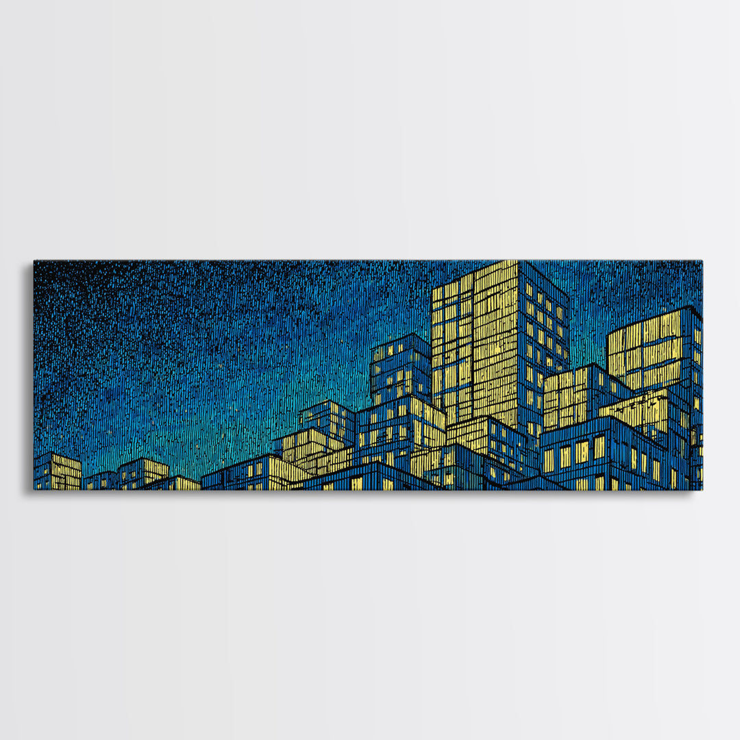 Yellow Blue Skyscraper Skyline Framed Canvas Print, Modern Wall Art, Architectural Cityscape Poster, Office Decor For Loft