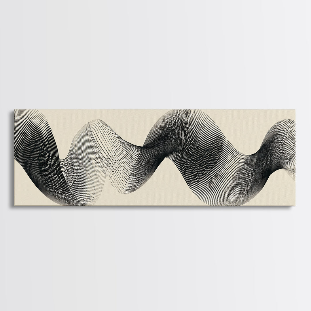 Black Ink Sine Wave Framed Canvas Print, Minimalist Abstract Wall Art, Modern Geometric Line Poster, Neutral Office Decor