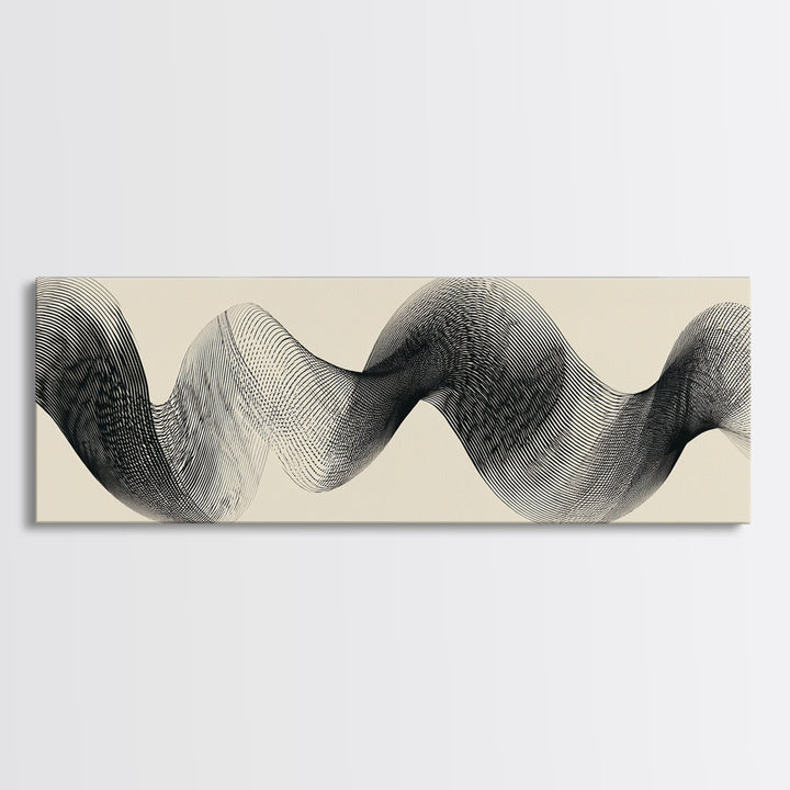 Black Ink Sine Wave Framed Canvas Print, Minimalist Abstract Wall Art, Modern Geometric Line Poster, Neutral Office Decor