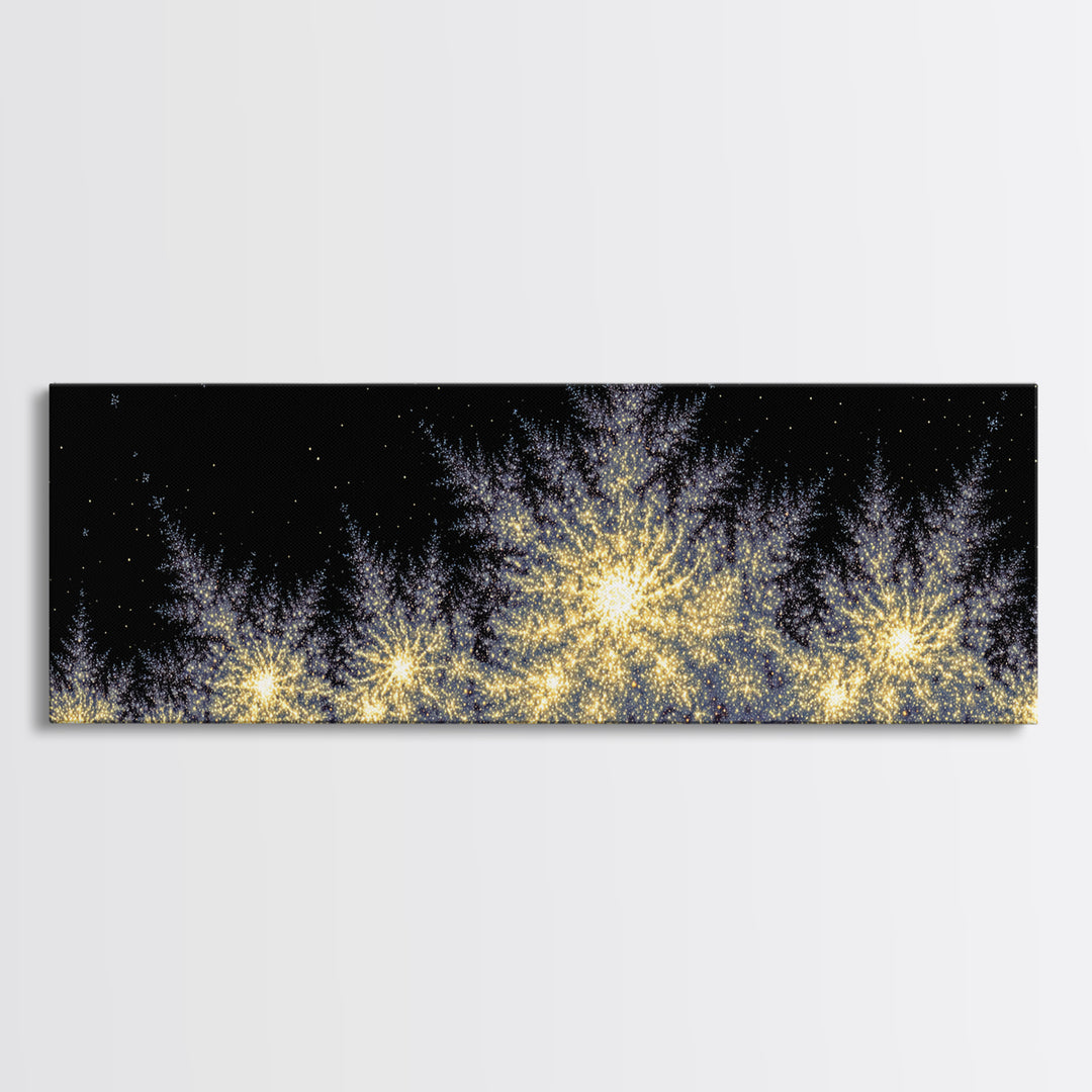 Golden Sparkling Tree Line Wall Art, Panoramic Winter Night Poster, Modern Abstract Art Print, Festive Metallic Home Decor
