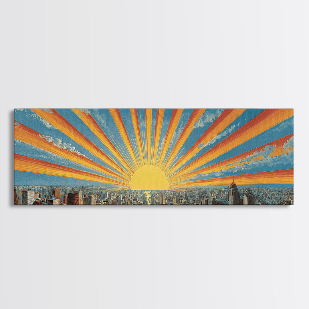 Radiant Sunrise City Skyline Framed Canvas Print, Panoramic Retro Travel Poster, Midcentury Modern Wall Art, Bright Home Decor