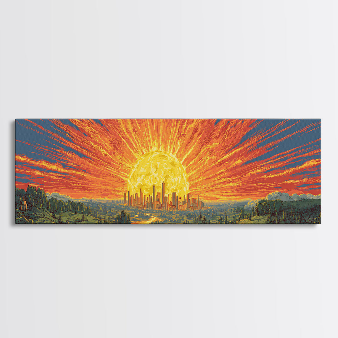 Fiery Solar Cityscape Canvas Print, Panoramic Apocalypse Sunset Poster, Bold Modern Abstract Art, Orange Wall Decor For Home