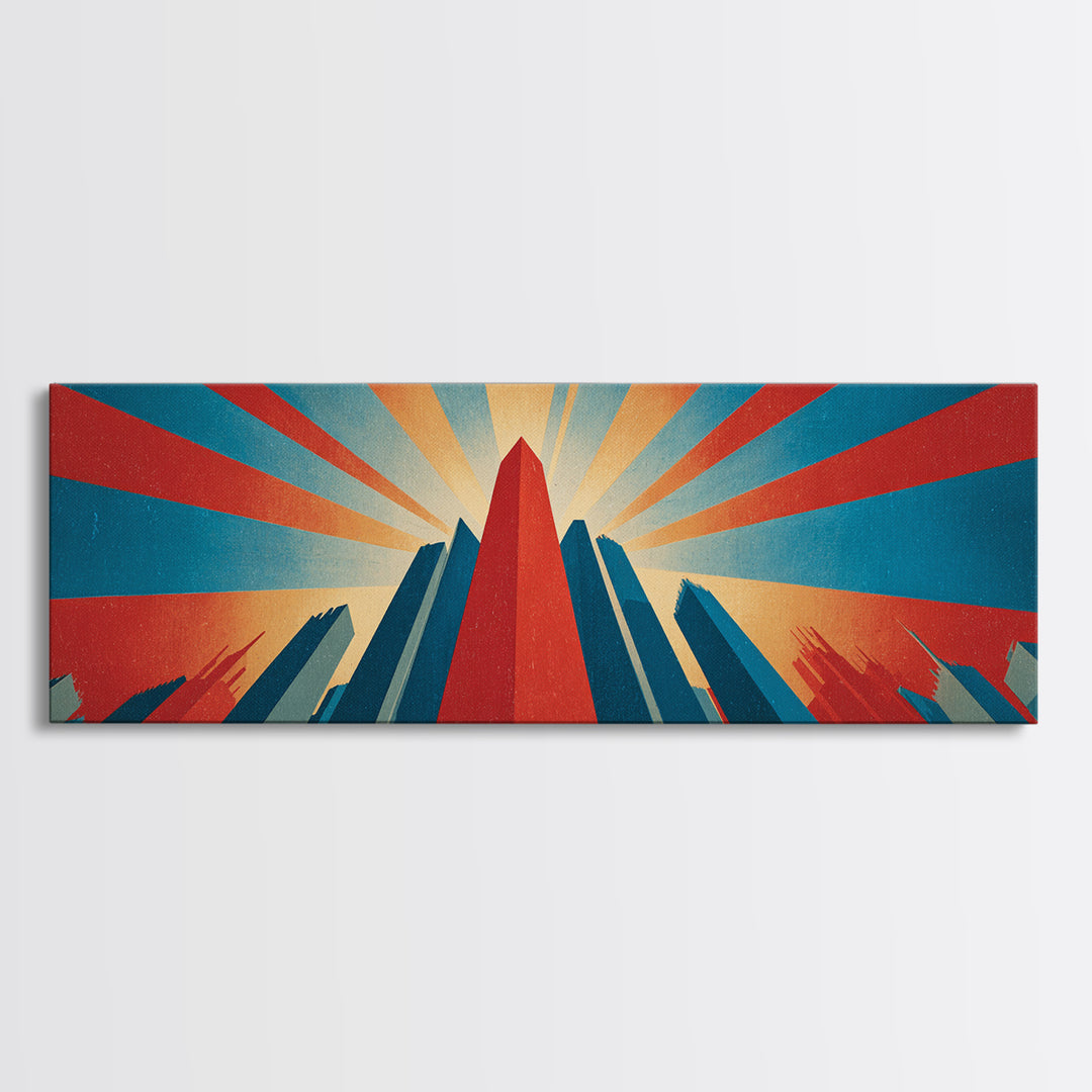 Dramatic Art Deco Skyscraper Wall Art, Panoramic Sunburst City Poster, Retro Modern Art Print, Bold Office Wall Decor Gift