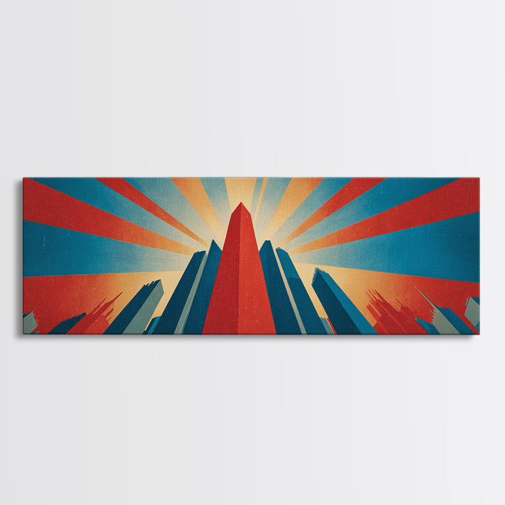 Dramatic Art Deco Skyscraper Wall Art, Panoramic Sunburst City Poster, Retro Modern Art Print, Bold Office Wall Decor Gift