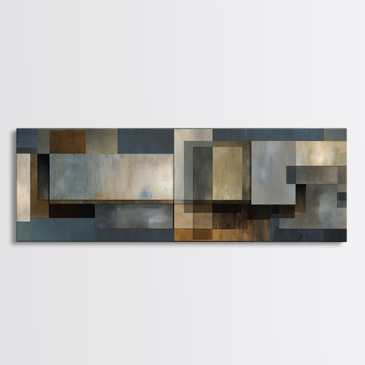 Moody Metallic Rectangle Canvas Print, Modern Abstract Wall Decor, Industrial Geometric Art, Blue Gold Home Office Artwork