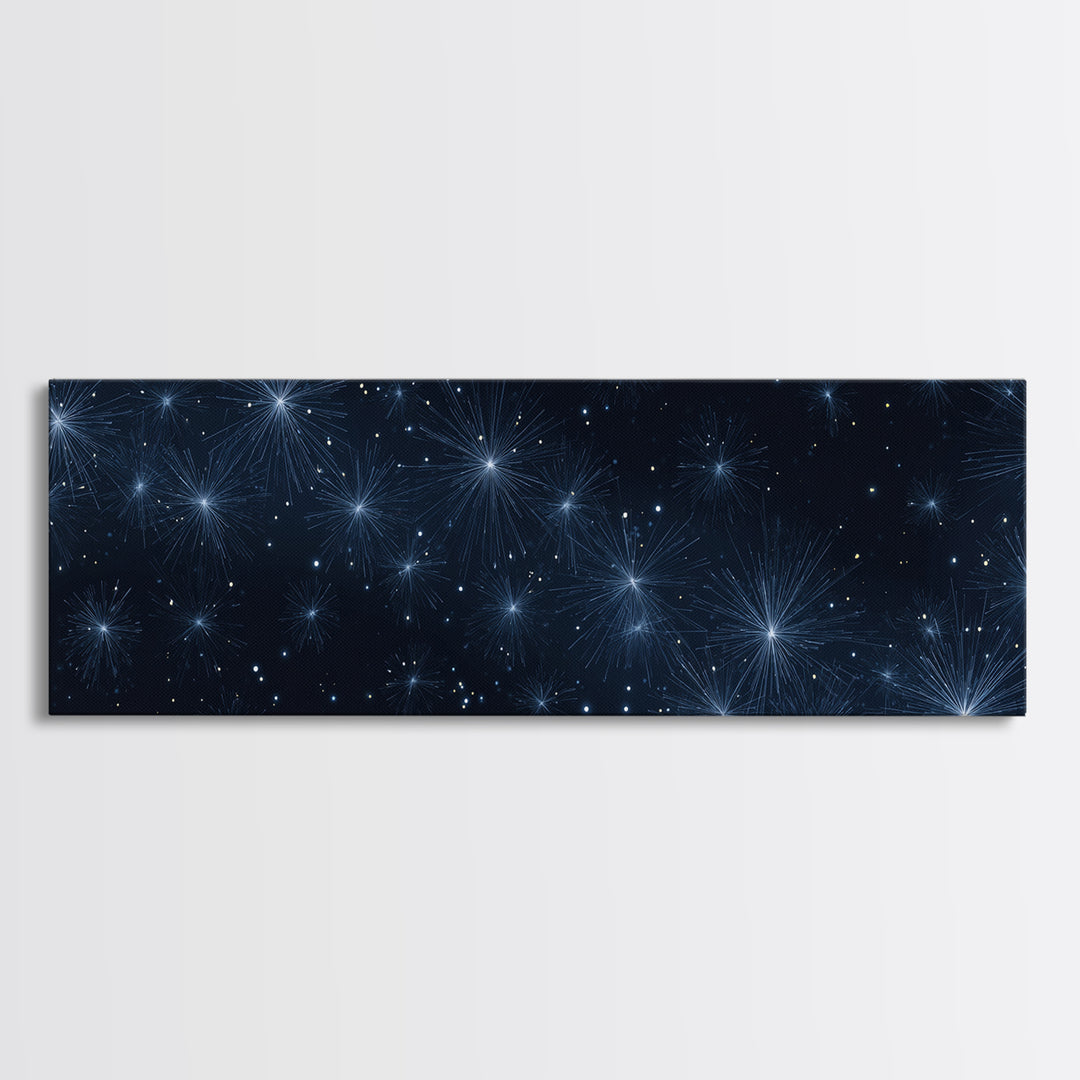 Deep Blue Starburst Night Wall Art, Cosmic Modern Abstract Print, Celestial Space Decor, Navy Bedroom And Home Office Canvas Gift