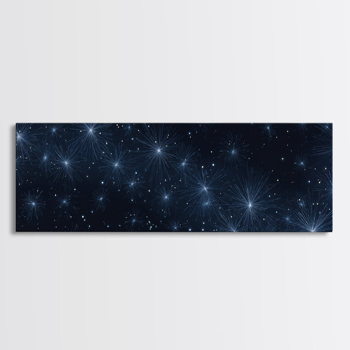 Deep Blue Starburst Night Wall Art, Cosmic Modern Abstract Print, Celestial Space Decor, Navy Bedroom And Home Office Canvas Gift