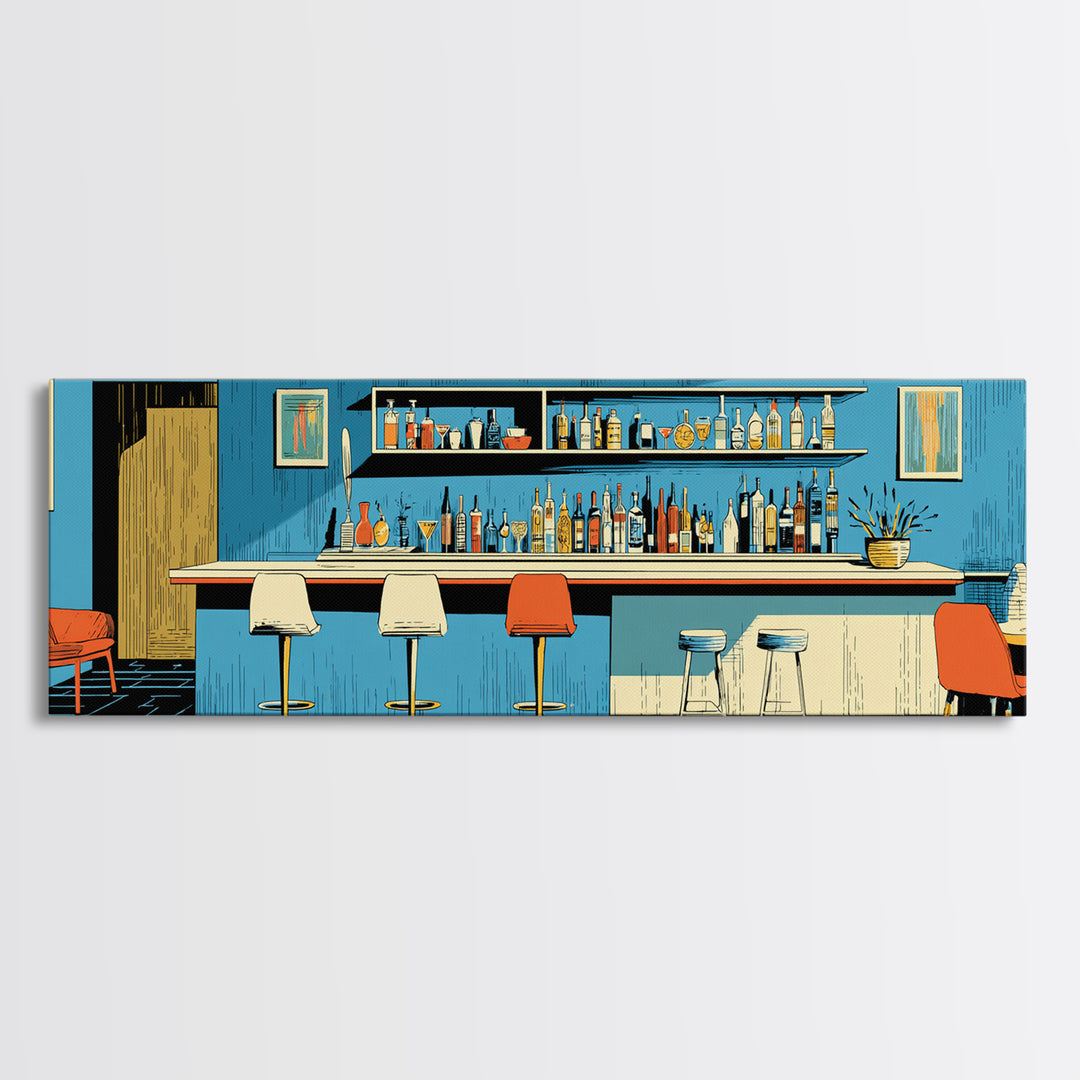 Blue Midcentury Cocktail Bar Wall Art, Retro Lounge Poster, Modern Home Decor, Framed Canvas Print, Bar Cart Wall Decor Gift