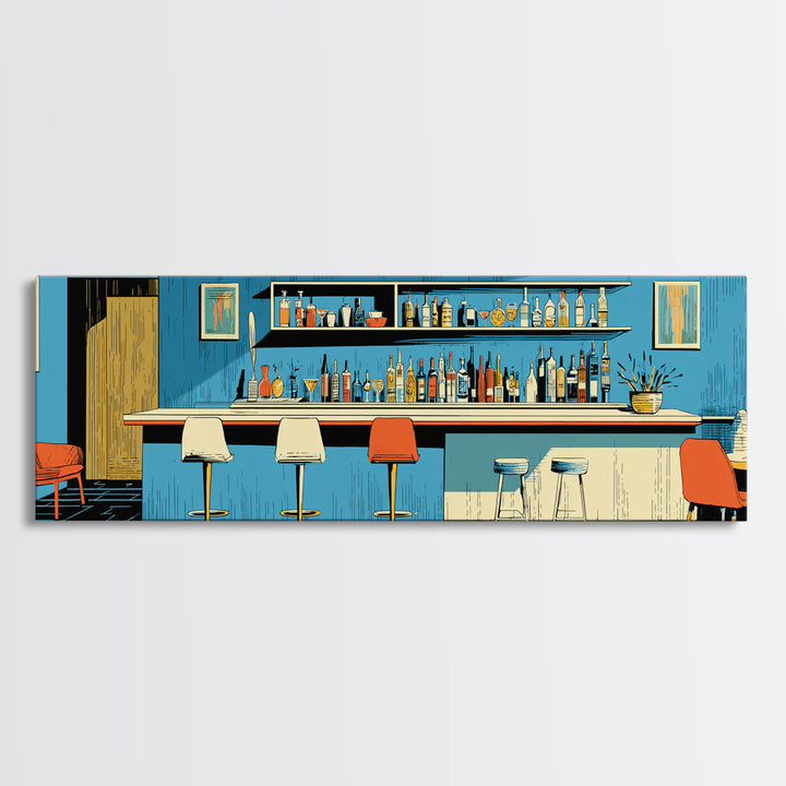 Blue Midcentury Cocktail Bar Wall Art, Retro Lounge Poster, Modern Home Decor, Framed Canvas Print, Bar Cart Wall Decor Gift