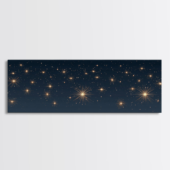 Warm Gold Starry Night Canvas Print, Cosmic Modern Wall Art, Navy Celestial Space Decor, Elegant Bedroom And Home Office Poster Gift