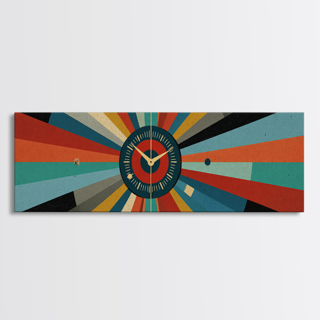 Atomic Clock Sunburst Wall Art, Midcentury Modern Canvas, Retro Geometric Poster, MCM Home Decor, Panoramic Abstract Print