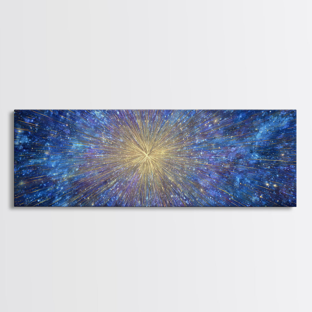 Blue Gold Cosmic Starburst Canvas Print, Space Abstract Wall Decor, Modern Digital Art, Galaxy Light Speed Panoramic Poster