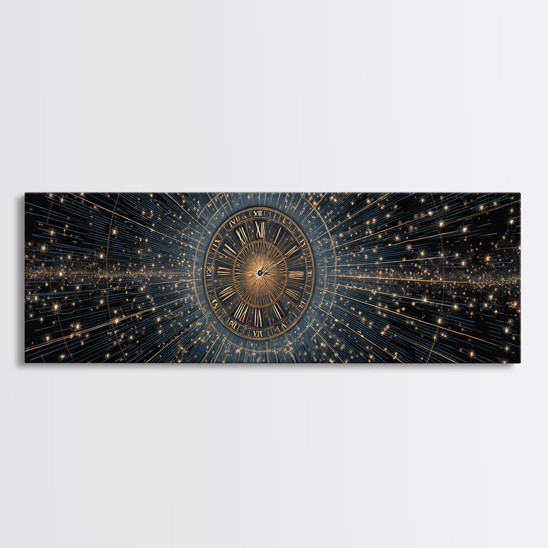 Celestial Clock Time Warp Wall Art, Gold Blue Cosmic Abstract Poster, Modern Space Decor, Panoramic Galaxy Artwork Print