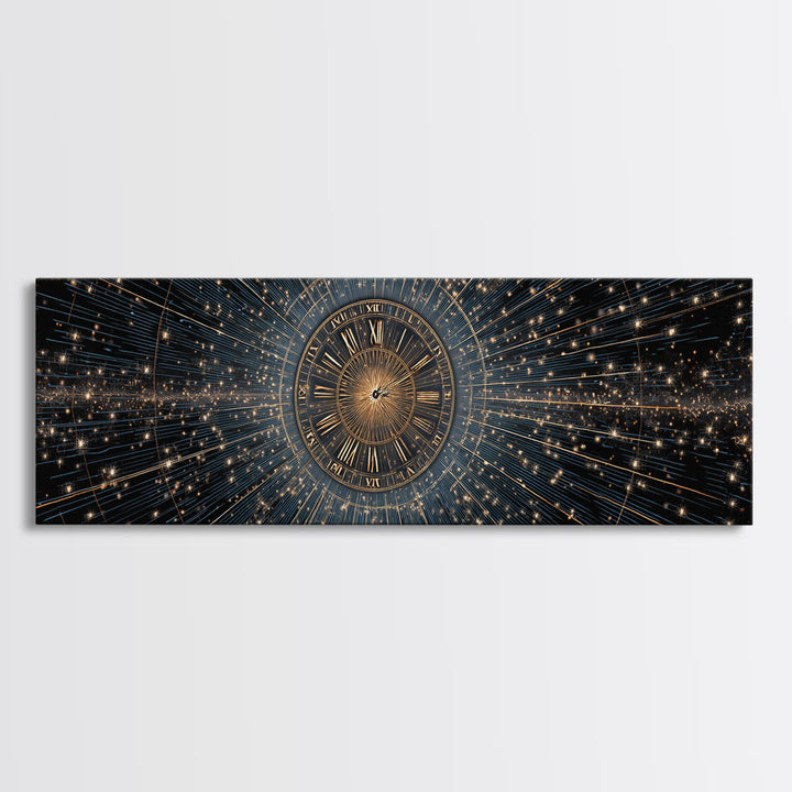 Celestial Clock Time Warp Wall Art, Gold Blue Cosmic Abstract Poster, Modern Space Decor, Panoramic Galaxy Artwork Print