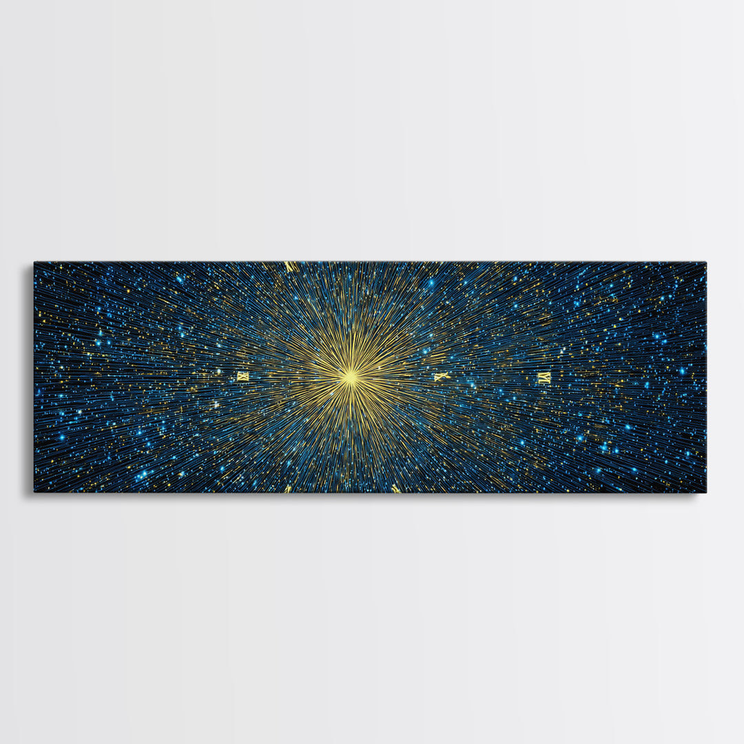 Golden Core Light Speed Canvas Print, Blue Galaxy Abstract Wall Decor, Modern Space Poster, Cosmic Panoramic Digital Artwork
