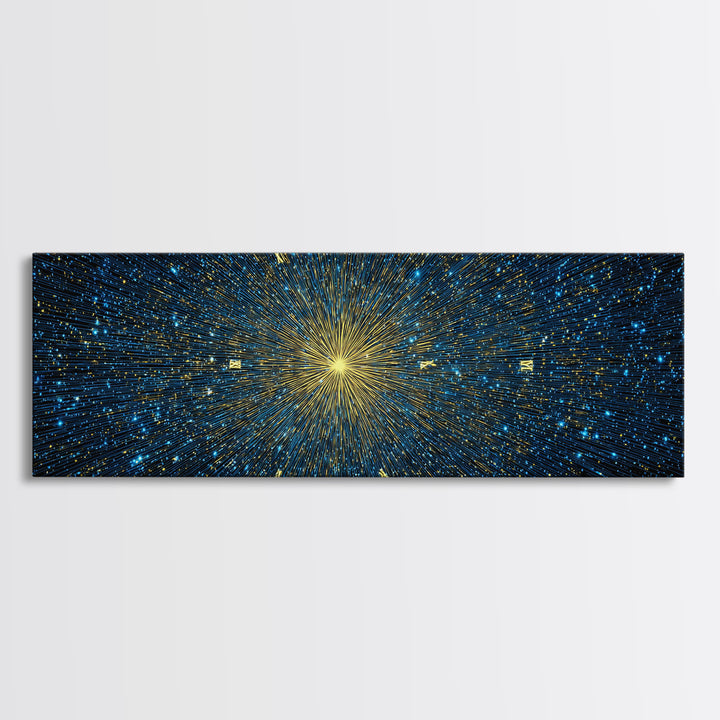 Golden Core Light Speed Canvas Print, Blue Galaxy Abstract Wall Decor, Modern Space Poster, Cosmic Panoramic Digital Artwork