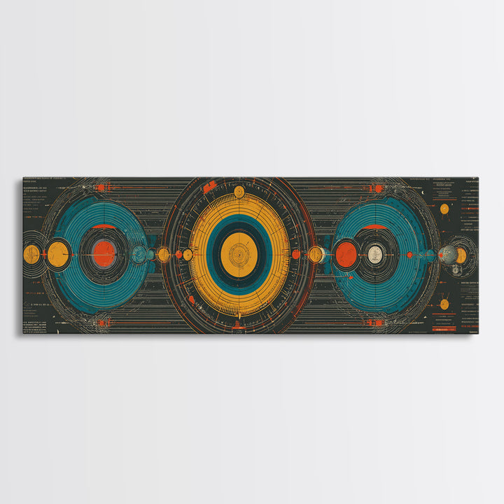 Retro Solar System Diagram Wall Art, Midcentury Modern Space Poster, Atomic MCM Decor, Panoramic Astronomy Canvas Print Gift