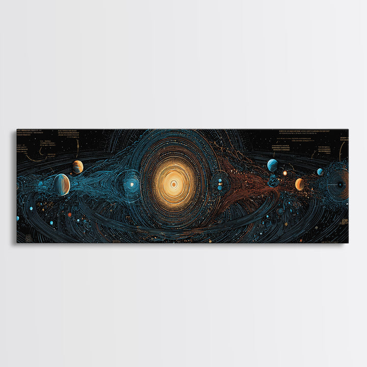 Solar System Energy Map Canvas Print, Blue Gold Cosmic Diagram Poster, Modern Astronomy Wall Decor, Panoramic Space Artwork
