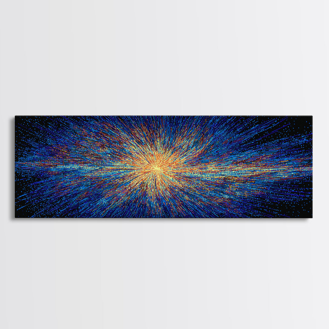 Blue And Orange Particle Burst Canvas Print, Cosmic Retro Wall Art, Modern Abstract Art Print, Space Abstract Art, Digital Art