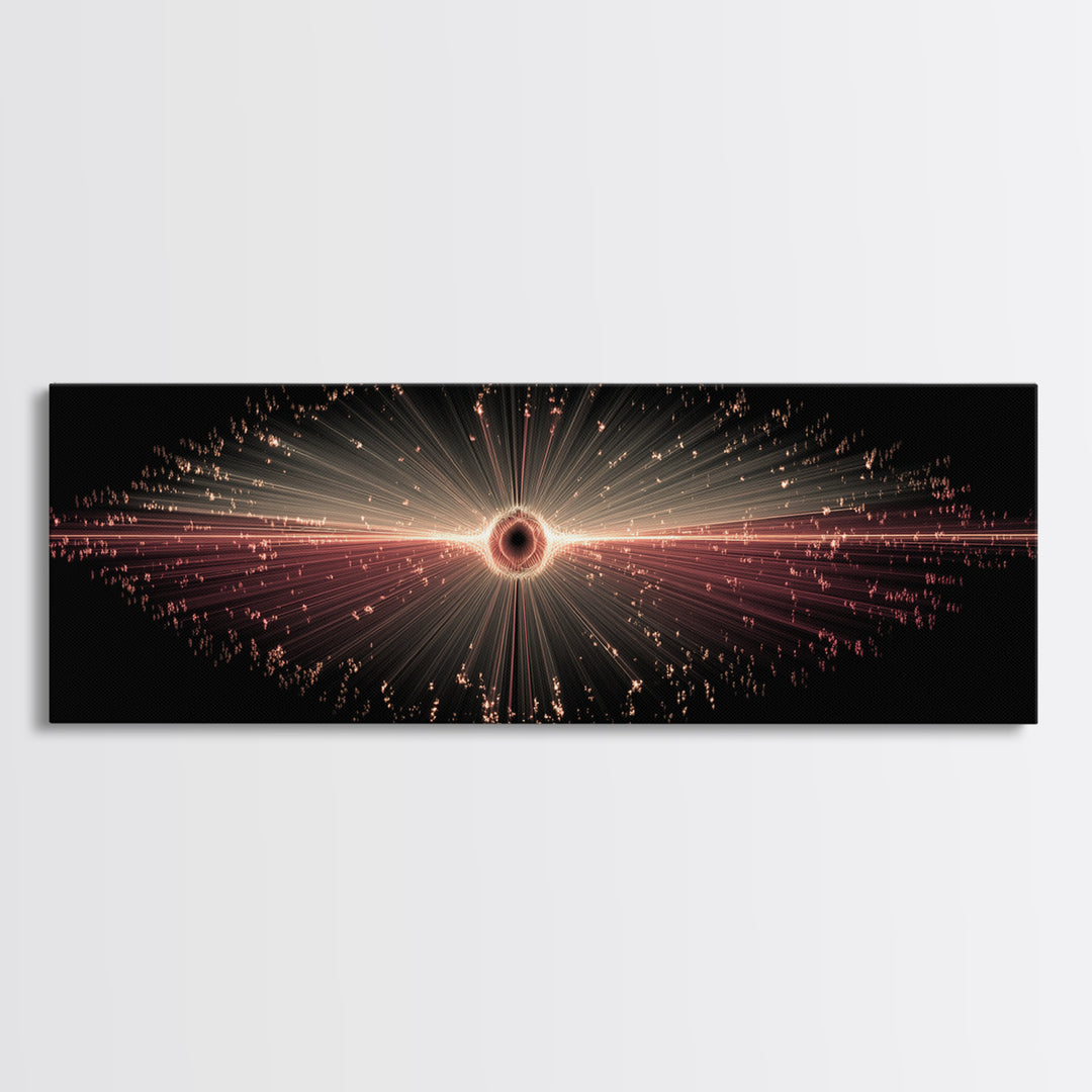 Red Black Hole Particle Burst Framed Canvas Print, Cosmic Retro Wall Art, Modern Abstract Art Print, Dark Space Decor Poster