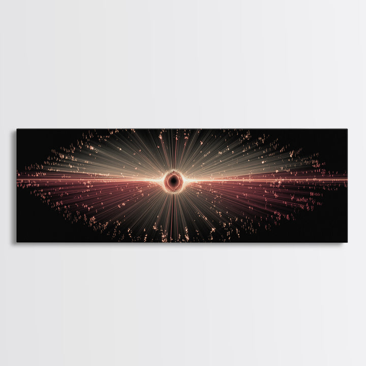 Red Black Hole Particle Burst Framed Canvas Print, Cosmic Retro Wall Art, Modern Abstract Art Print, Dark Space Decor Poster