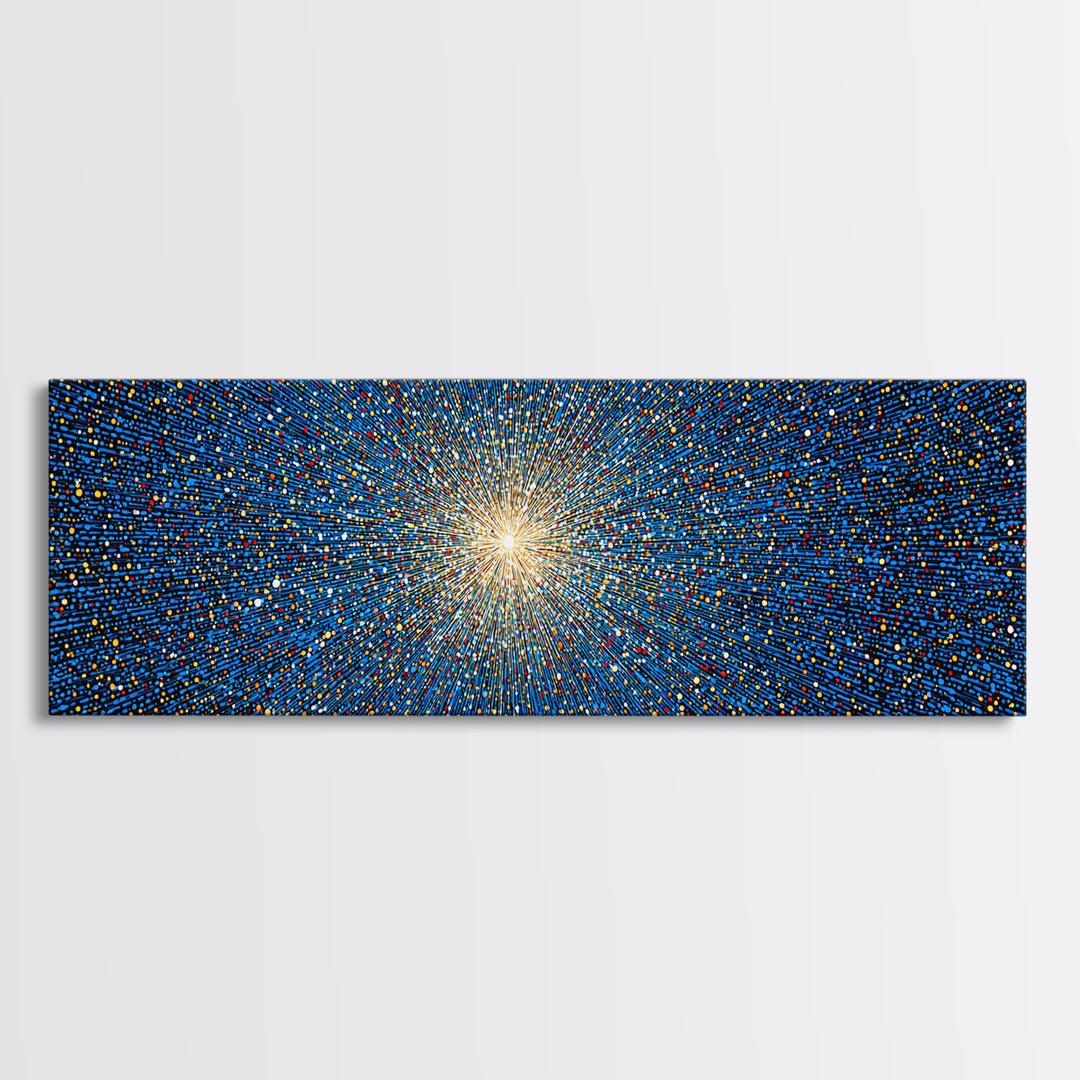 Blue Orange Pixel Particle Burst Canvas Print, Modern Abstract Art, Digital Art Print, Retro Sci Fi Wall Decor, Space Poster