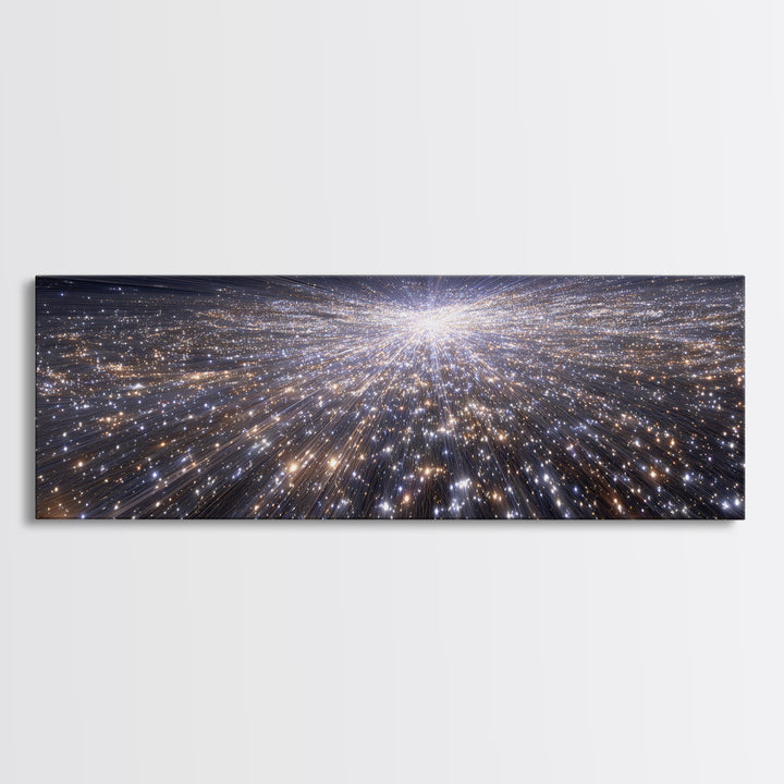 Silver Sparkling Starfield Wall Art, Modern Cosmic Canvas Print, Space Abstract Art, Panoramic Poster, Living Room Decor