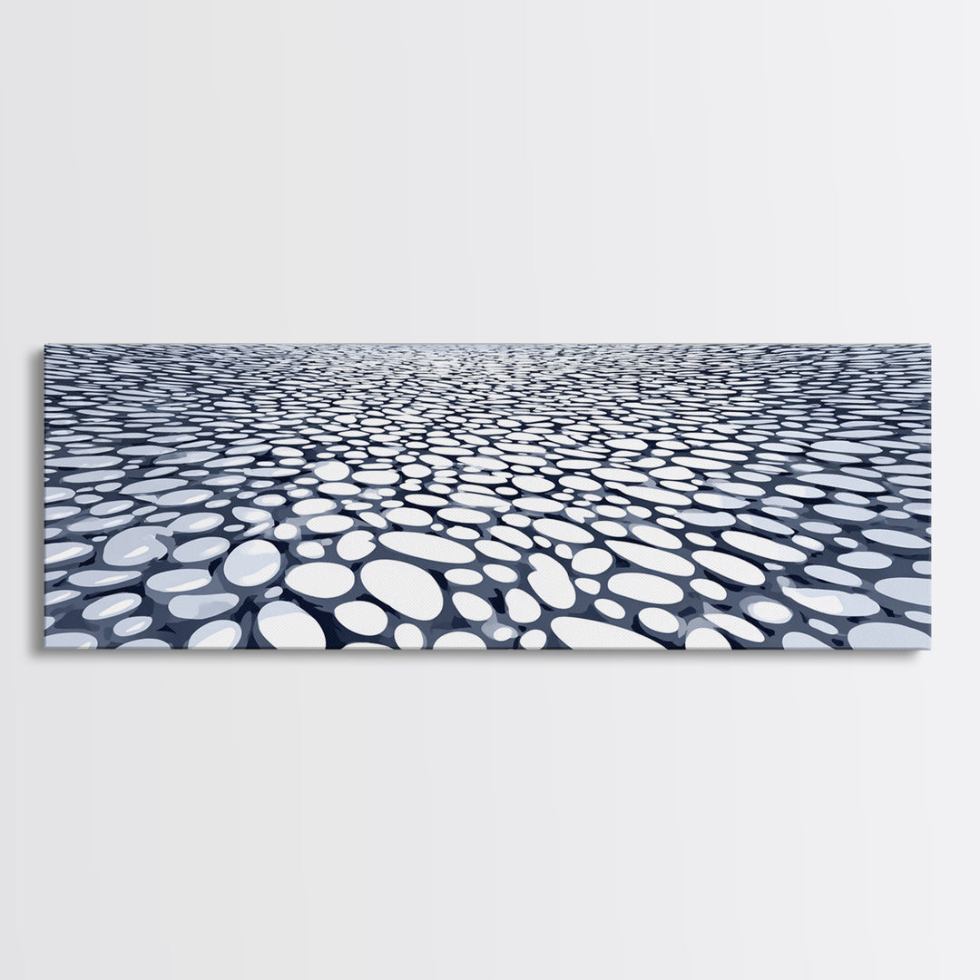 Blue White Pebble Horizon Perspective Canvas Print, Abstract Wall Art, Modern Geometric Decor For Office And Living Room