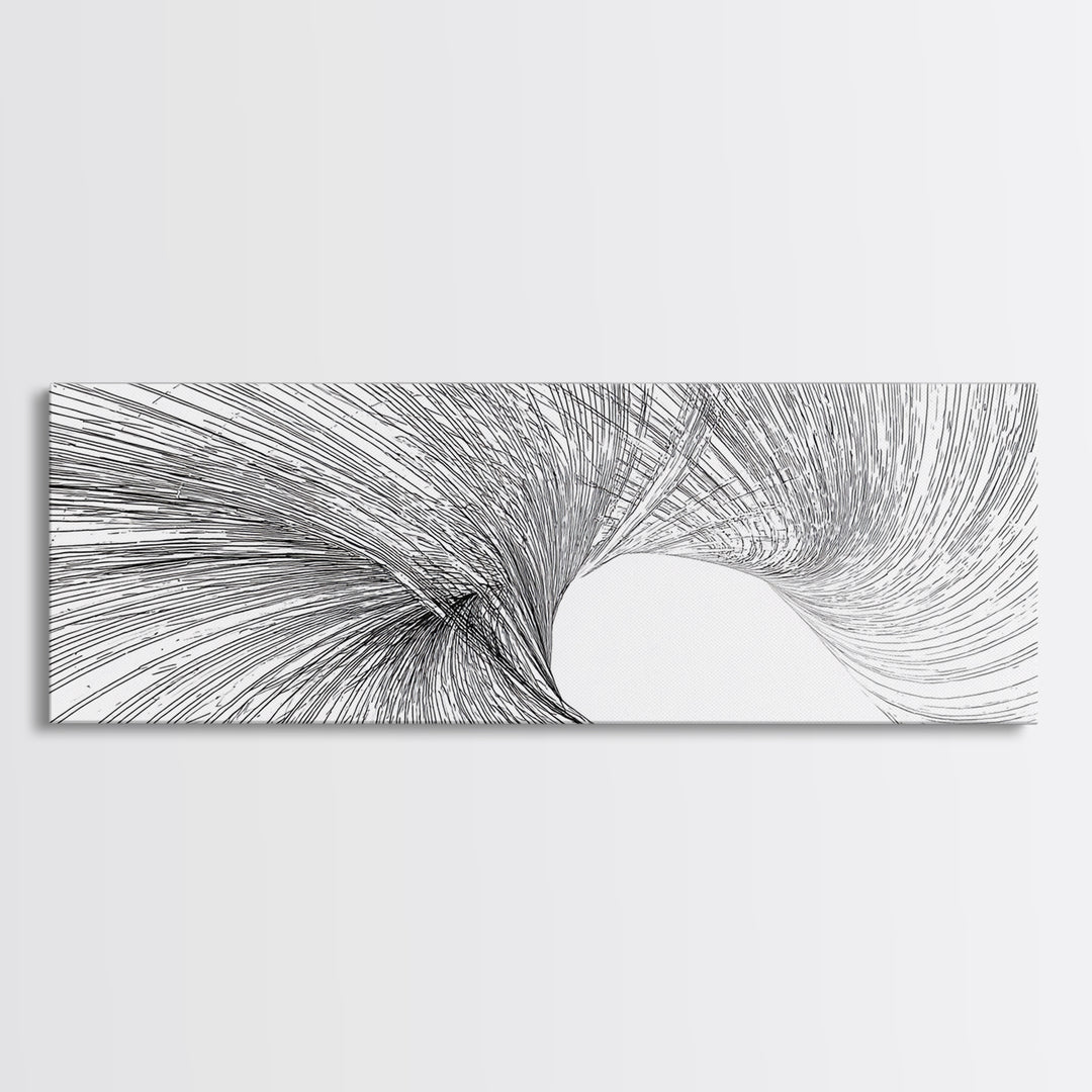Black White Vortex Wave Line Art Canvas Print, Modern Abstract Wall Art, Minimalist Geometric Decor For Living Room And Office