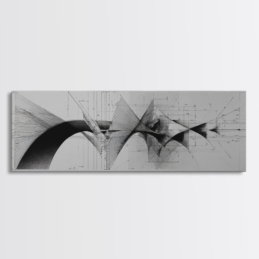 Monochrome Architectural Arcs And Lines Wall Art, Midcentury Modern Abstract Print, Black White Office Decor, Framed Canvas Print