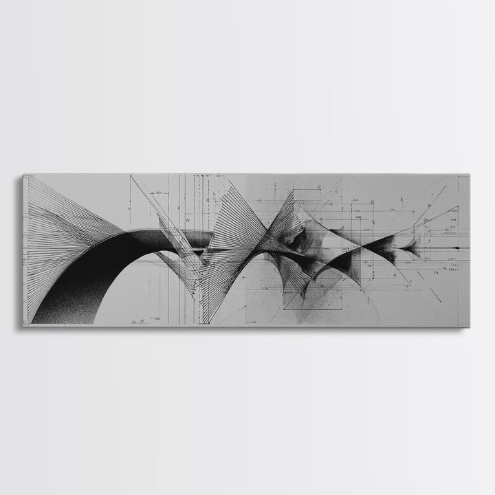 Monochrome Architectural Arcs And Lines Wall Art, Midcentury Modern Abstract Print, Black White Office Decor, Framed Canvas Print