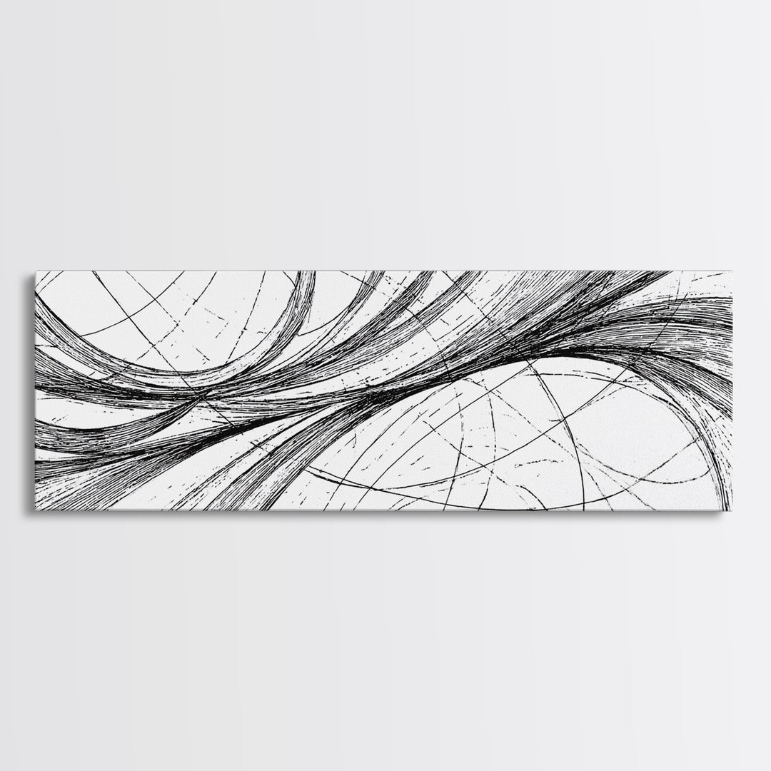 Sweeping Black White Ellipse Line Canvas Print, Modern Abstract Wall Art, Minimalist Geometric Office And Home Decor Print