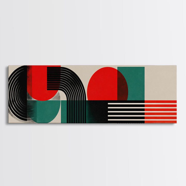 Bauhaus Red Teal Geometric Shapes Framed Canvas Print, Midcentury Modern Wall Art, Atomic Retro Home Decor, Bold Colorblock Art Print