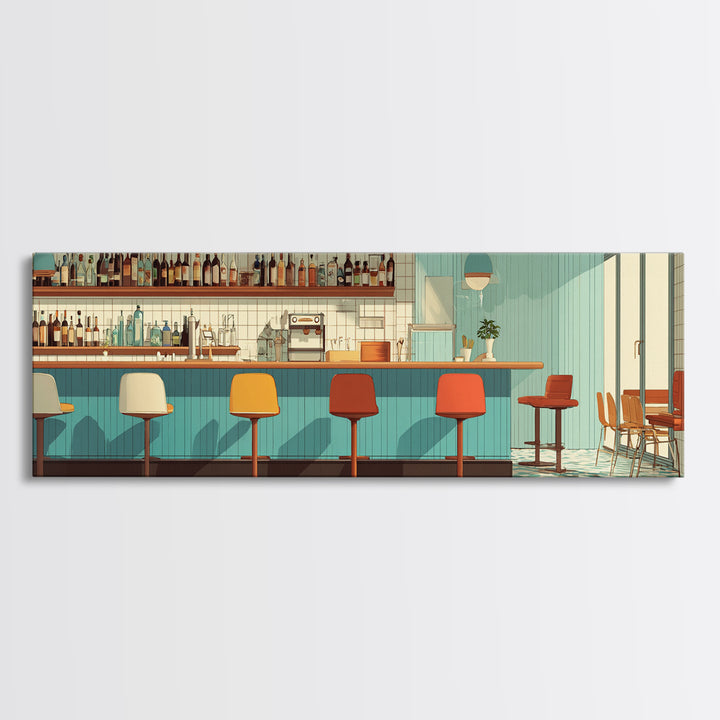 Sunlit Teal Bar With Orange Stools Framed Canvas Print, Mid Century Modern Decor, Retro Wall Art, Kitchen Poster, Large Prints