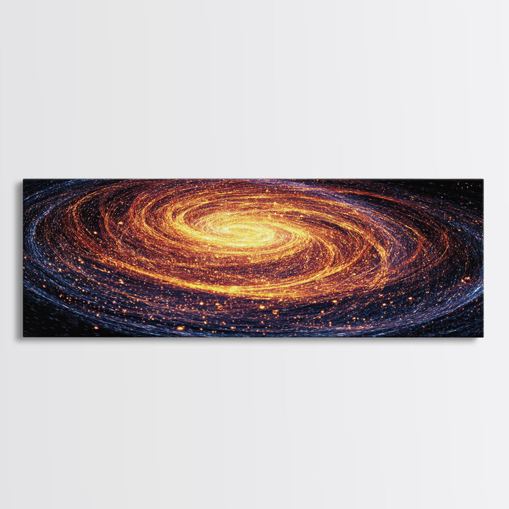 Glowing Spiral Galaxy In Orange And Blue Canvas Print, Cosmic Retro Art, Space Abstract Art, Modern Wall Decor, Panoramic Living Room Art