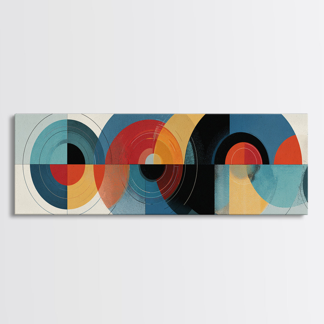 Retro Teal Red Yellow Circle Wall Art, Midcentury Modern Art, Bauhaus Geometric Poster, Colorful MCM Wall Decor, Framed Canvas Print